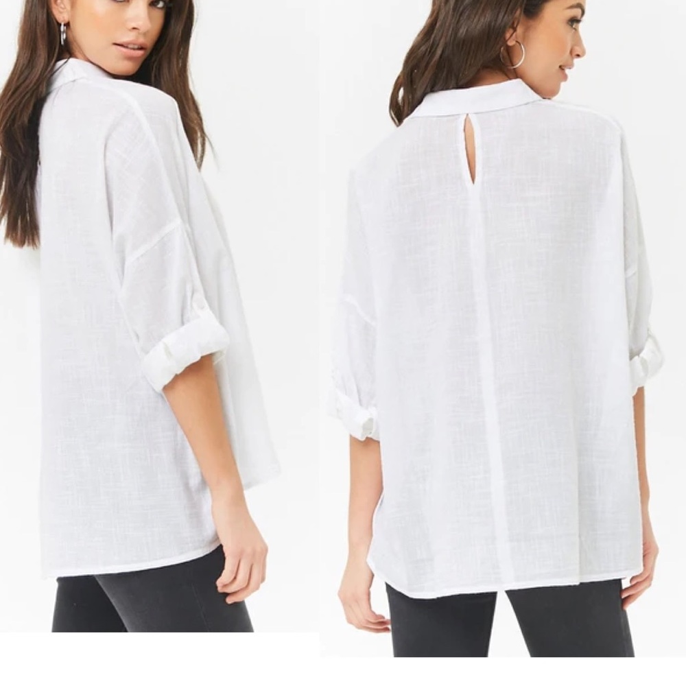 Forever21 Button Down Shirt Women size Small White Long Sleeve Light Collar Top - Picture 5 of 8